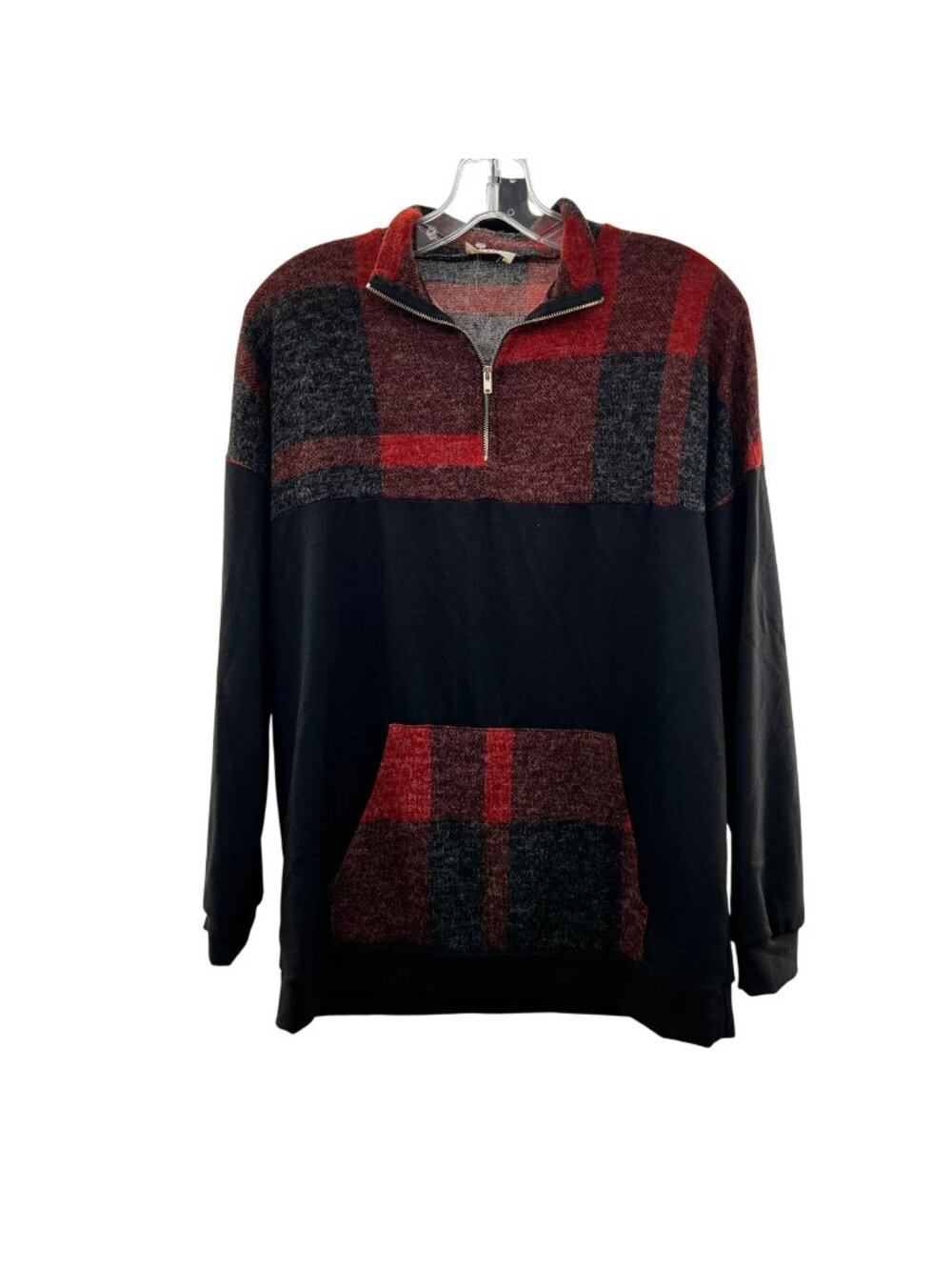 BiBi Plaid Pullover Top 1/4 Zip Long Sleeve Red/Black Size Small